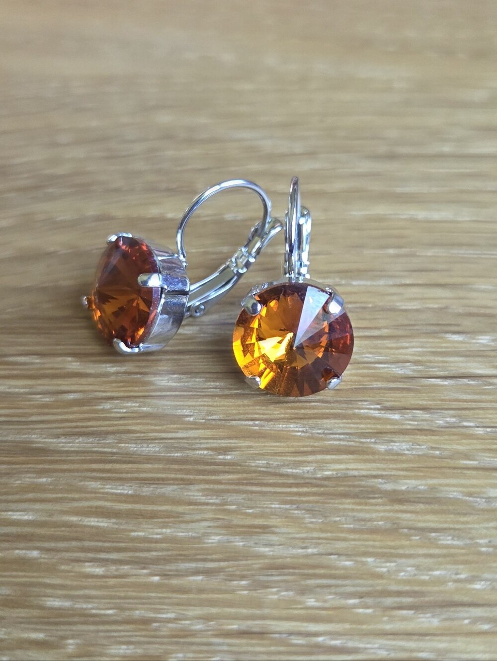 Silver Leverback Earrings with Amber Crystal Drops | Handmade - Picture 6 of 9
